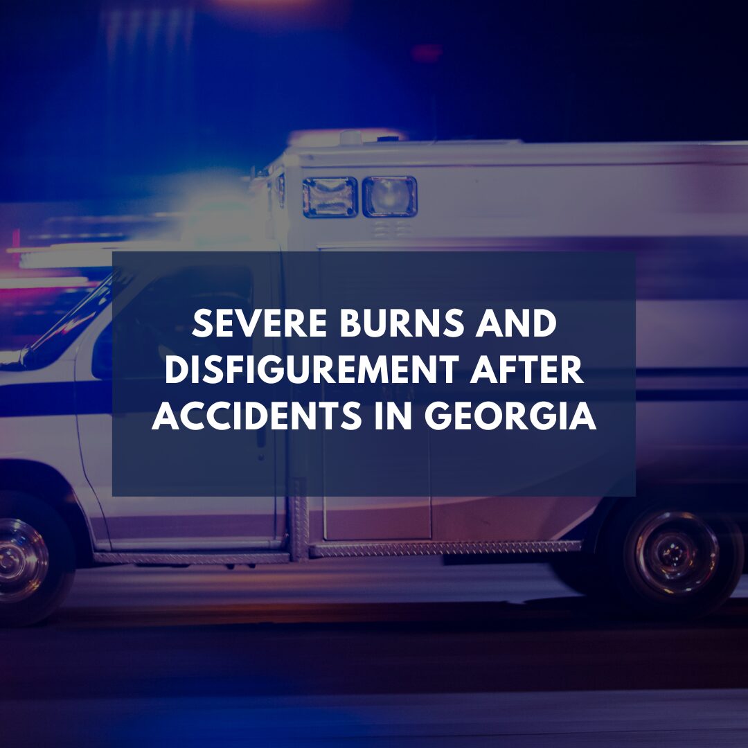 A fast moving ambulance with text overlay: Severe Burns and Disfigurement After Accidents in Georgia